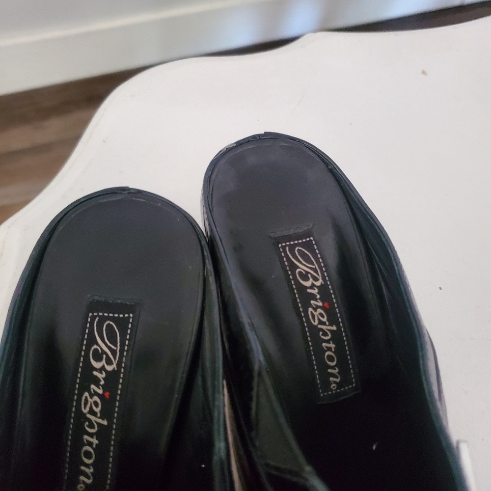 Brighton Tile black leather embroidered floral slip-on heeled mules $225 8M - Picture 3 of 5